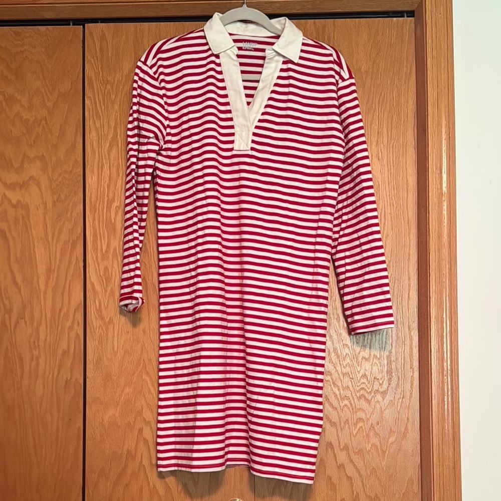 Lands' End Red and White Striped Long Sleeve Dress